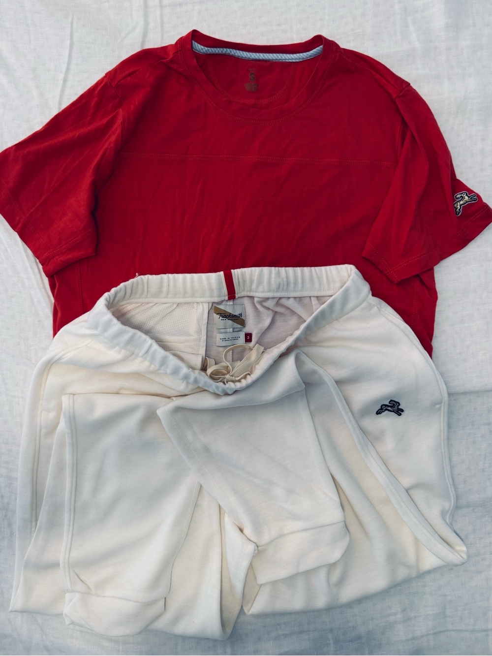 Tracksmith Cream Drawstring Sweatpants size M with Red Tab AND bonus top size S